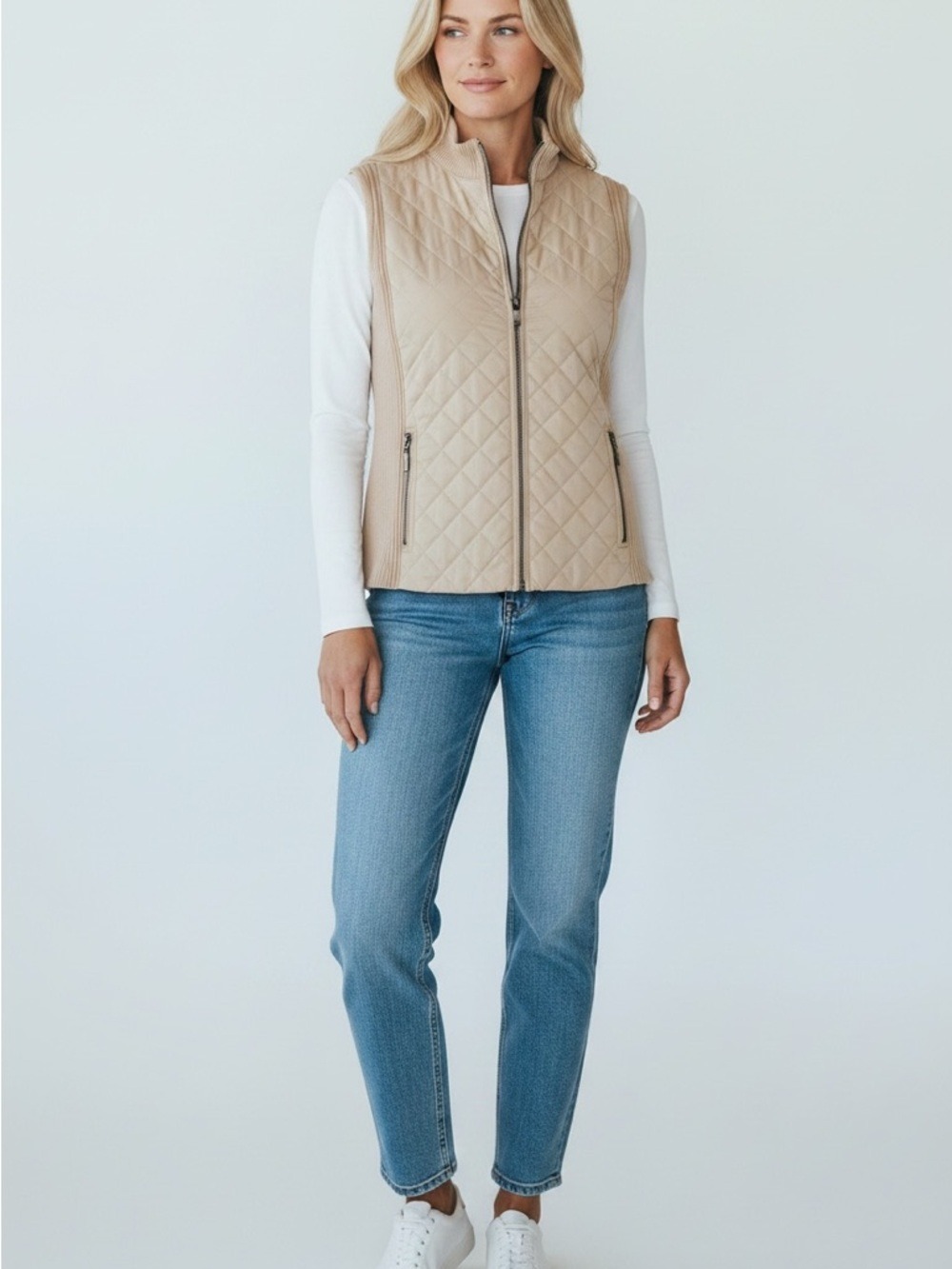 ANN Klein nude cotton quilted zip-up sleeveless vest large Ecru